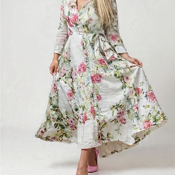 White Floral Wrap Midi Dress with Pink & Green Blooms - Picture 2 of 3